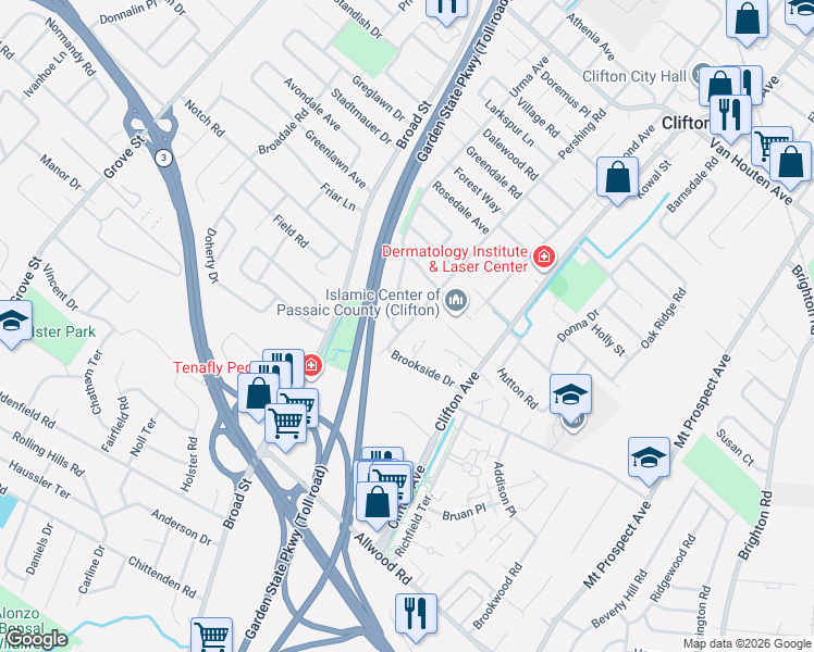 map of restaurants, bars, coffee shops, grocery stores, and more near 5 Dwight Terrace in Clifton