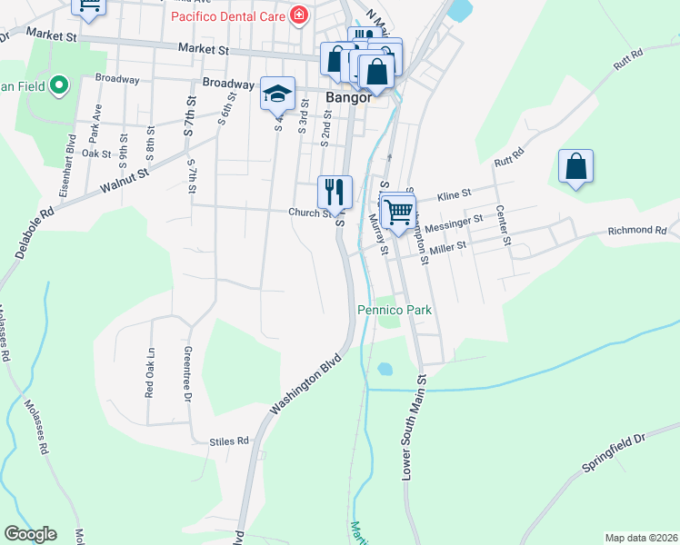 map of restaurants, bars, coffee shops, grocery stores, and more near 460 South 1st Street in Bangor