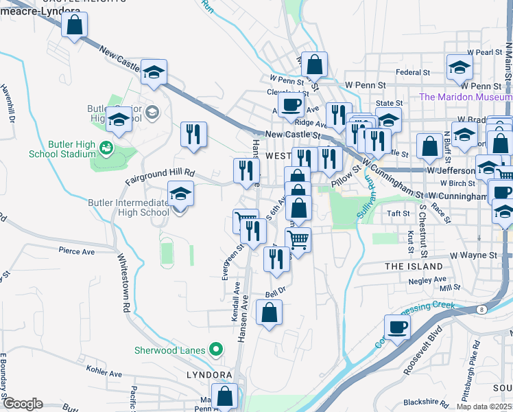 map of restaurants, bars, coffee shops, grocery stores, and more near 310 Hansen Plaza in Lyndora