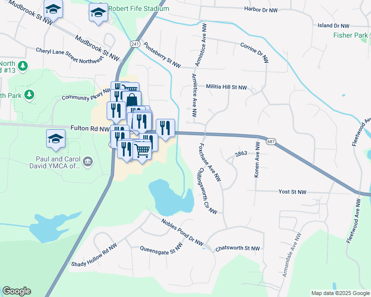 map of restaurants, bars, coffee shops, grocery stores, and more near 7006 Fulton Drive Northwest in Canton