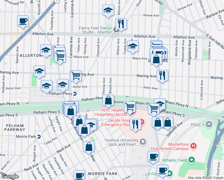 map of restaurants, bars, coffee shops, grocery stores, and more near 2303 Wilson Avenue in Bronx