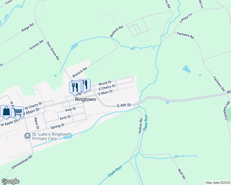 map of restaurants, bars, coffee shops, grocery stores, and more near 170 E Main St in Ringtown