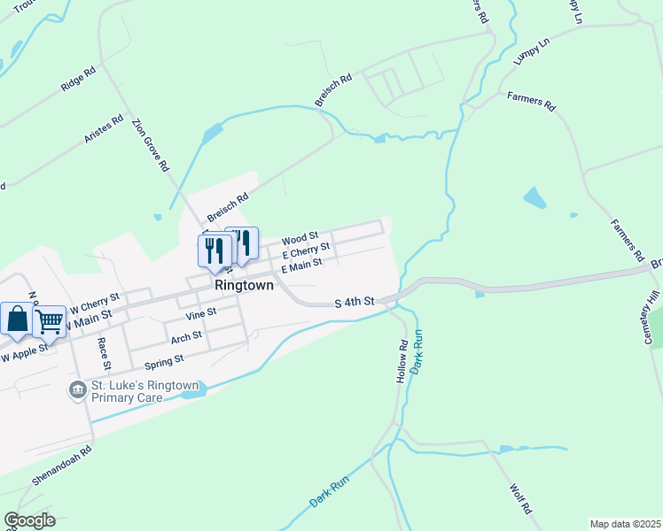 map of restaurants, bars, coffee shops, grocery stores, and more near 170 E Main St in Ringtown
