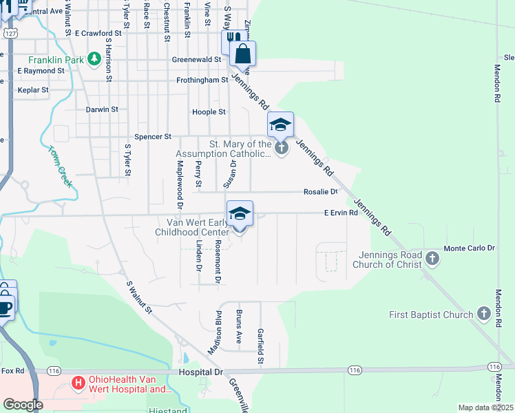 map of restaurants, bars, coffee shops, grocery stores, and more near 1144 Rosalie Drive in Van Wert