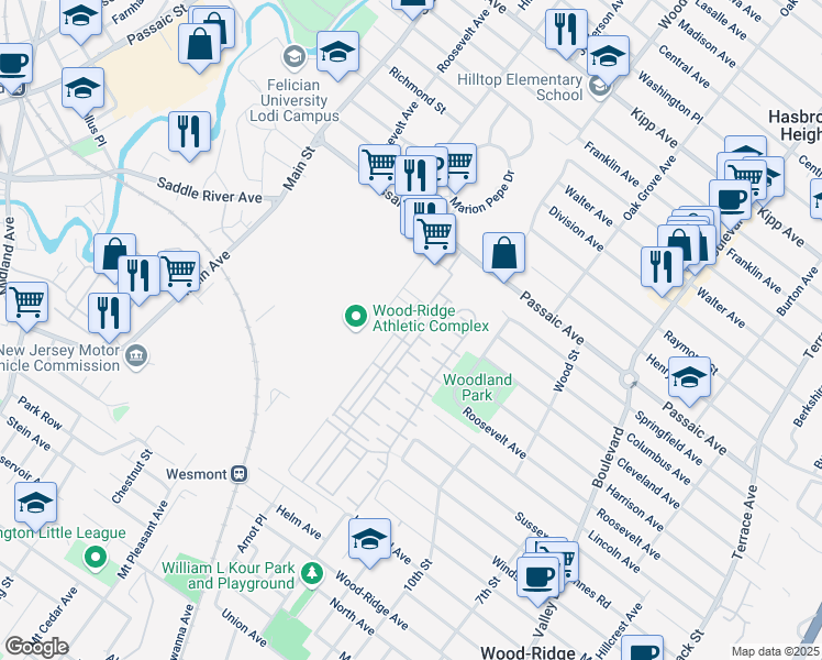 map of restaurants, bars, coffee shops, grocery stores, and more near 54 Wesmont Drive in Wood-Ridge