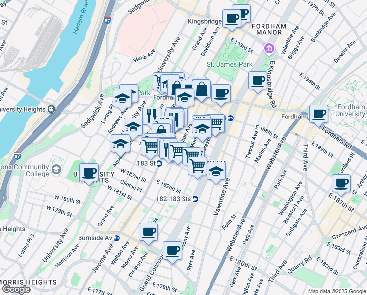 map of restaurants, bars, coffee shops, grocery stores, and more near 2351 Walton Avenue in The Bronx