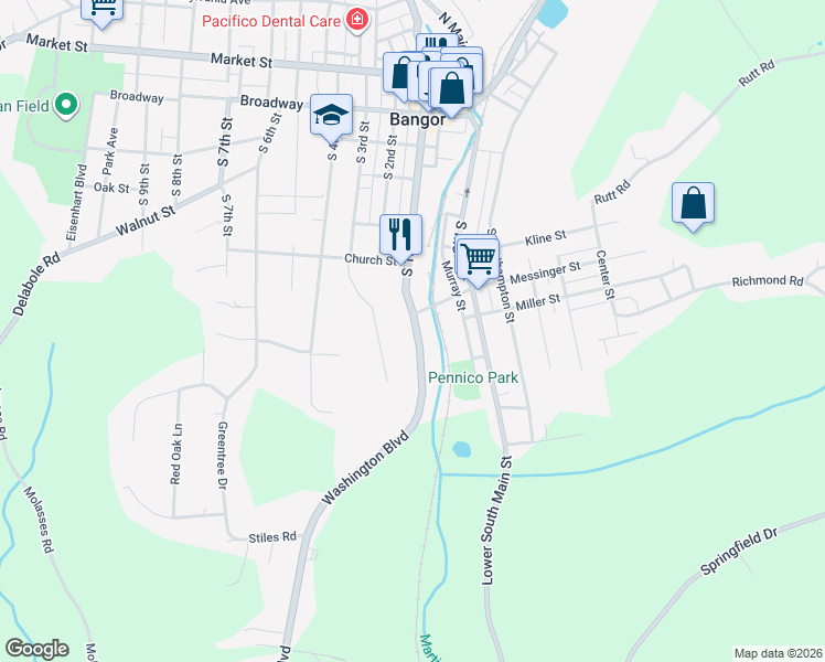 map of restaurants, bars, coffee shops, grocery stores, and more near 522 South 1st Street in Bangor