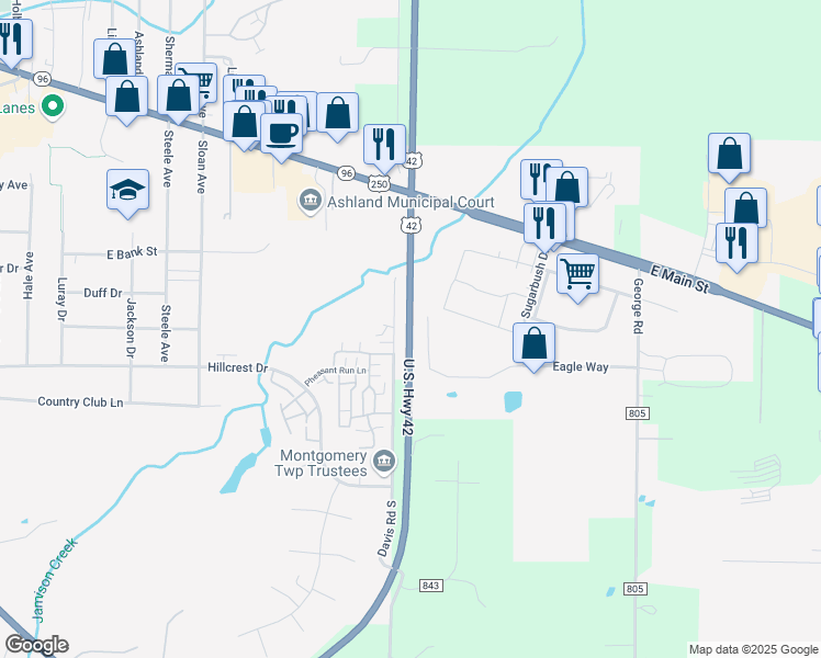map of restaurants, bars, coffee shops, grocery stores, and more near 330 Davis Road in Ashland