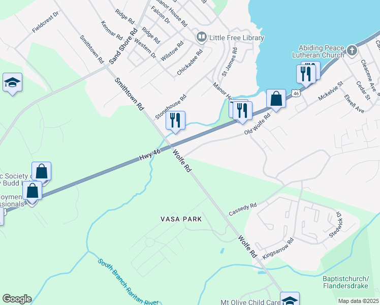 map of restaurants, bars, coffee shops, grocery stores, and more near 384 U.S. 46 in Mount Olive