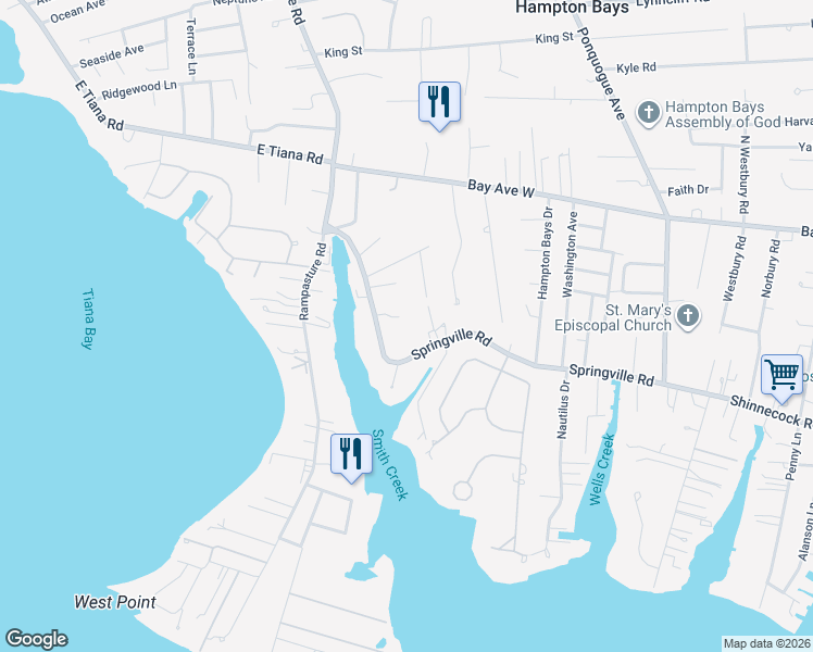 map of restaurants, bars, coffee shops, grocery stores, and more near 179 Springville Road in Hampton Bays