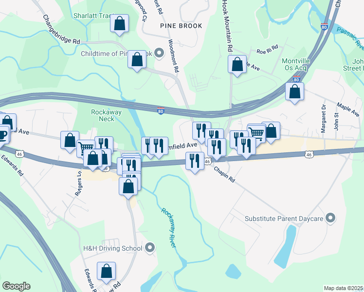 map of restaurants, bars, coffee shops, grocery stores, and more near 17 Bloomfield Ave in Montville