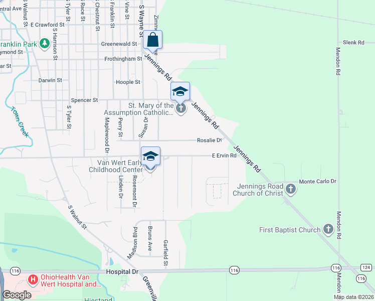 map of restaurants, bars, coffee shops, grocery stores, and more near 1166 Rosalie Drive in Van Wert