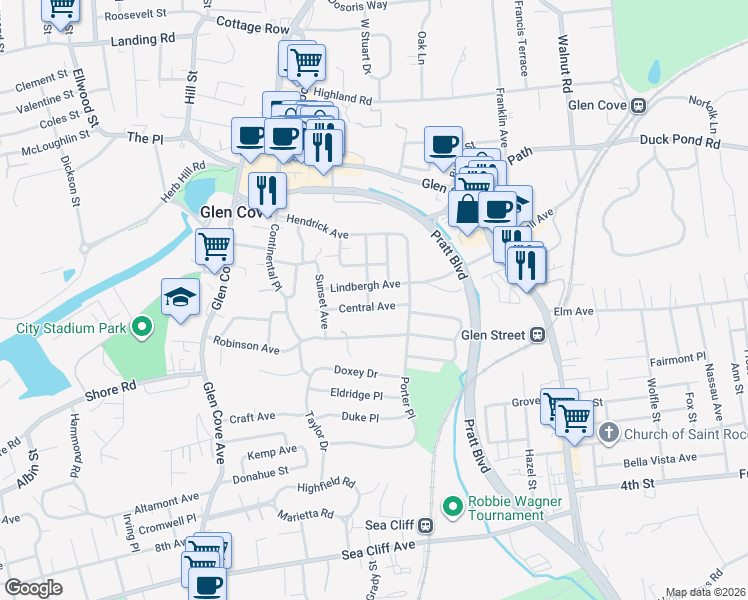 map of restaurants, bars, coffee shops, grocery stores, and more near 13 Lindbergh Avenue in Glen Cove