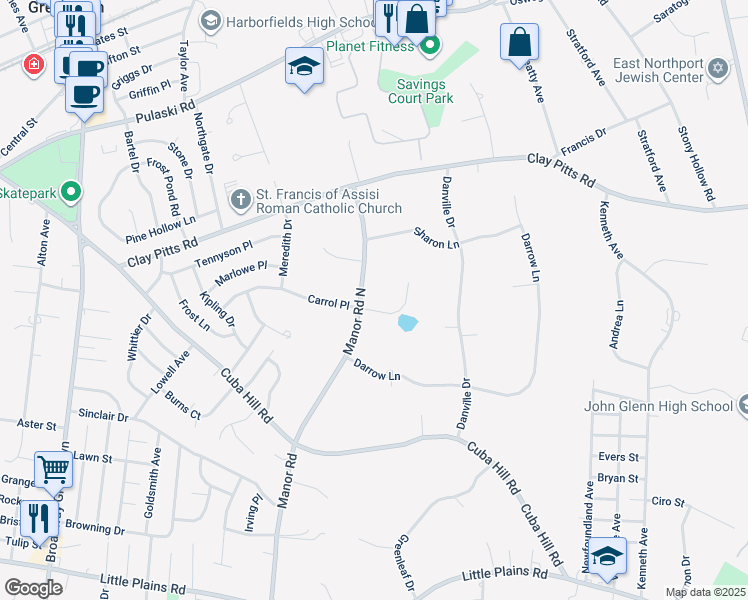 map of restaurants, bars, coffee shops, grocery stores, and more near 20 Manor Road North in Greenlawn