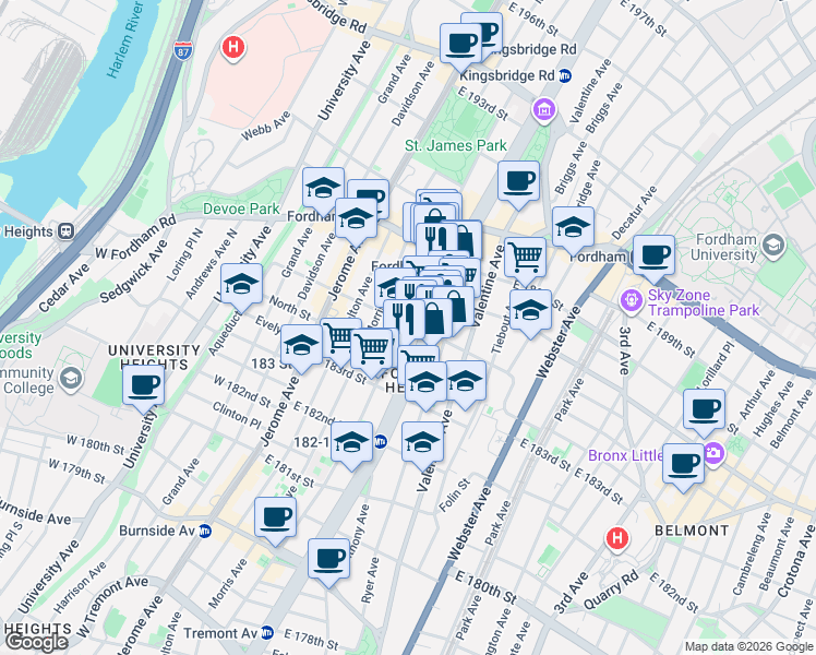 map of restaurants, bars, coffee shops, grocery stores, and more near in The Bronx