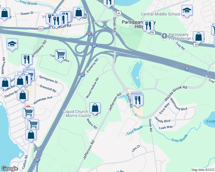 map of restaurants, bars, coffee shops, grocery stores, and more near 5 Wood Hollow Road in Parsippany-Troy Hills