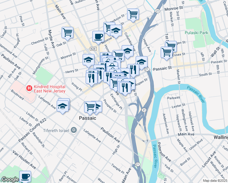 map of restaurants, bars, coffee shops, grocery stores, and more near 603 Main Avenue in Passaic