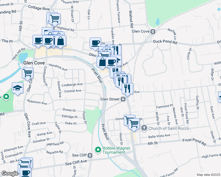 map of restaurants, bars, coffee shops, grocery stores, and more near 202 Hendrick Avenue East in Glen Cove