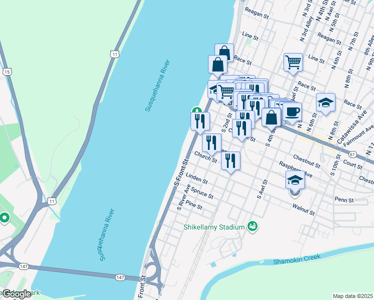 map of restaurants, bars, coffee shops, grocery stores, and more near 225 South Front Street in Sunbury