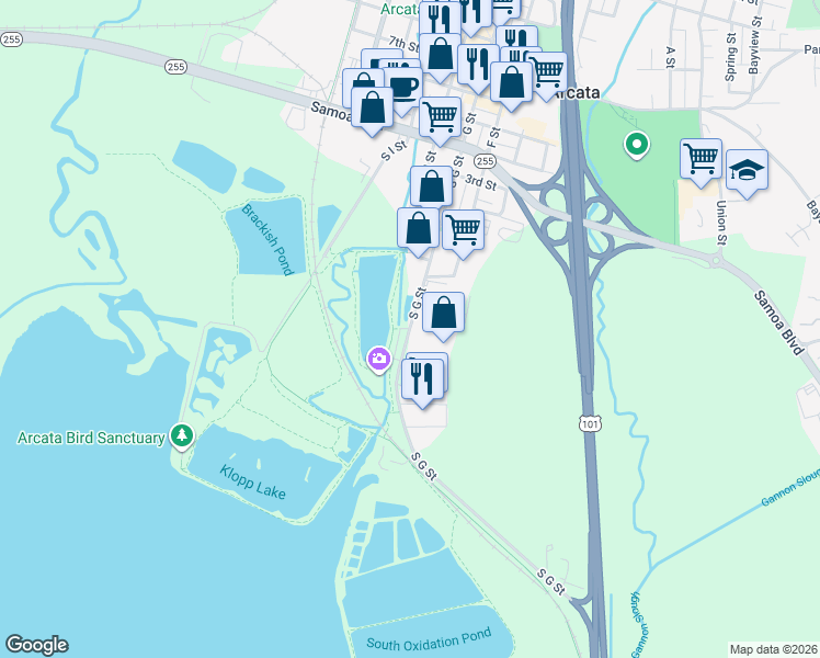 map of restaurants, bars, coffee shops, grocery stores, and more near 50 South G Street in Arcata
