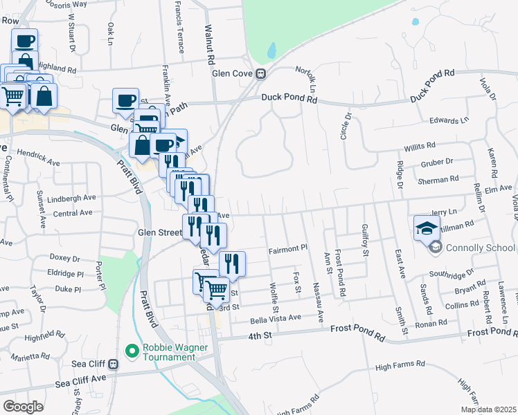 map of restaurants, bars, coffee shops, grocery stores, and more near 45 Elm Avenue in Glen Cove