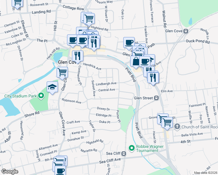 map of restaurants, bars, coffee shops, grocery stores, and more near 13 Lindbergh Avenue in Glen Cove
