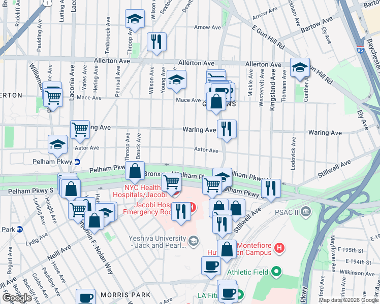 map of restaurants, bars, coffee shops, grocery stores, and more near 2301 Seymour Avenue in Bronx