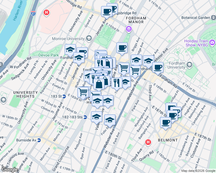 map of restaurants, bars, coffee shops, grocery stores, and more near 250 East 187th Street in Bronx