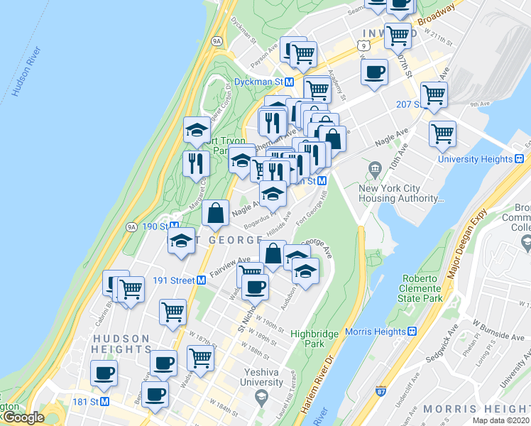 map of restaurants, bars, coffee shops, grocery stores, and more near 64 Nagle Avenue in New York