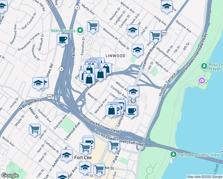 map of restaurants, bars, coffee shops, grocery stores, and more near 255 Coolidge Avenue in Fort Lee