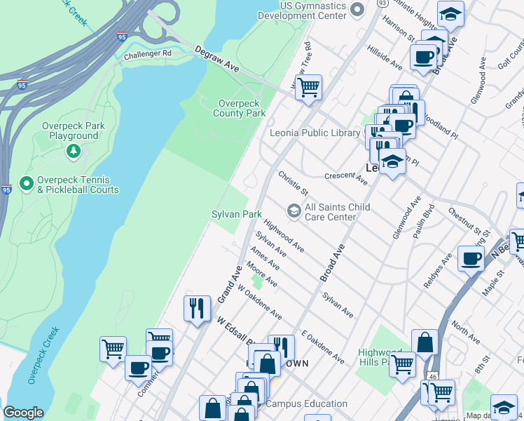 map of restaurants, bars, coffee shops, grocery stores, and more near 117 Park Avenue in Leonia