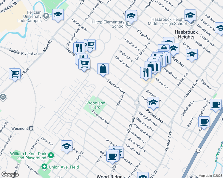 map of restaurants, bars, coffee shops, grocery stores, and more near 34 Passaic Avenue in Hasbrouck Heights