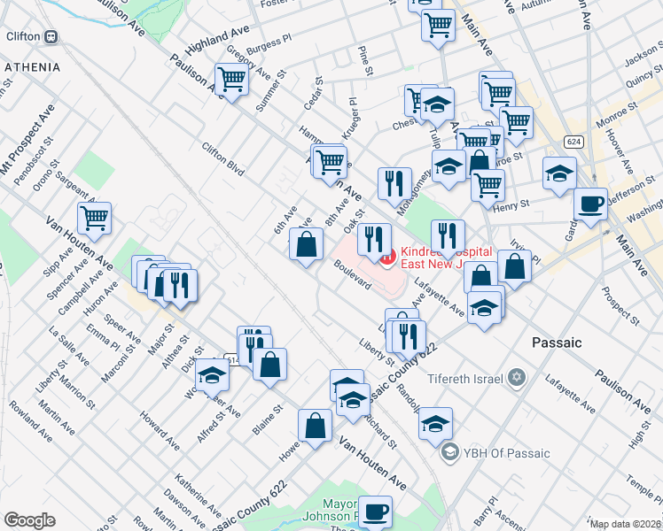 map of restaurants, bars, coffee shops, grocery stores, and more near 63 8th Avenue in Passaic