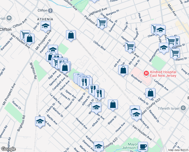 map of restaurants, bars, coffee shops, grocery stores, and more near 12 Ladwik Lane in Clifton