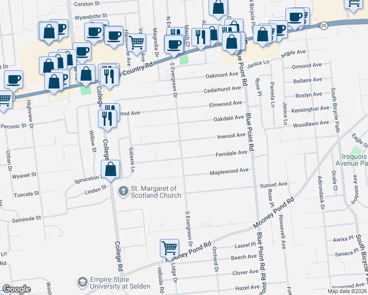 map of restaurants, bars, coffee shops, grocery stores, and more near 79 South Evergreen Drive in Selden