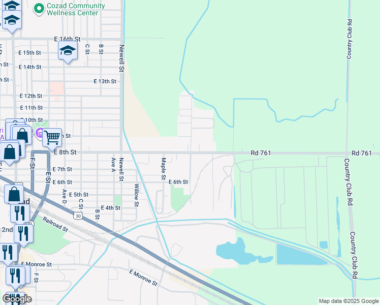 map of restaurants, bars, coffee shops, grocery stores, and more near 1298 East 8th Street in Cozad