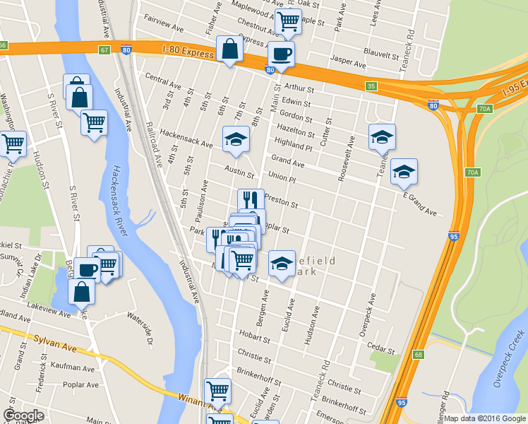 map of restaurants, bars, coffee shops, grocery stores, and more near 77 Preston Street in Ridgefield Park
