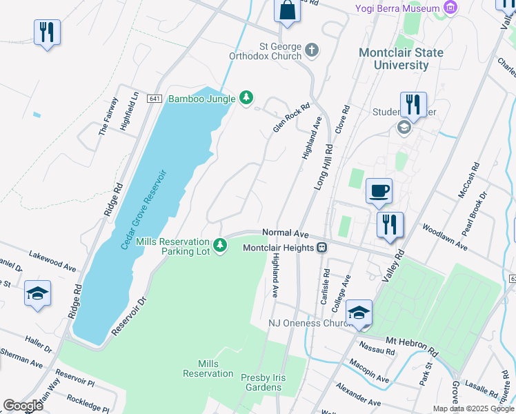 map of restaurants, bars, coffee shops, grocery stores, and more near 16 Lenape Trail in Cedar Grove