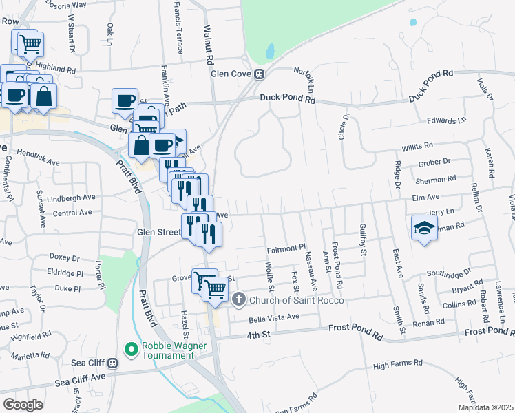 map of restaurants, bars, coffee shops, grocery stores, and more near 45 Elm Avenue in Glen Cove