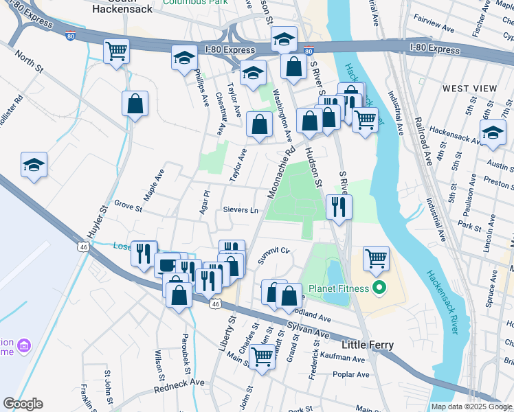 map of restaurants, bars, coffee shops, grocery stores, and more near 9 John Street in South Hackensack