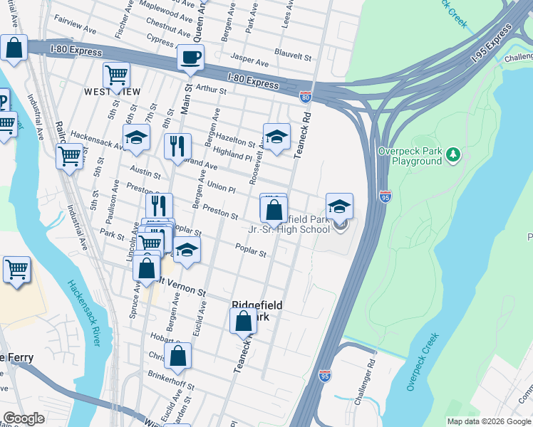 map of restaurants, bars, coffee shops, grocery stores, and more near 111 Union Place in Ridgefield Park