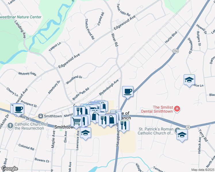 map of restaurants, bars, coffee shops, grocery stores, and more near 117 Blydenburg Avenue in Smithtown