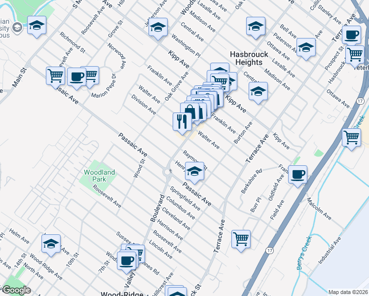 map of restaurants, bars, coffee shops, grocery stores, and more near 151 Boulevard in Hasbrouck Heights