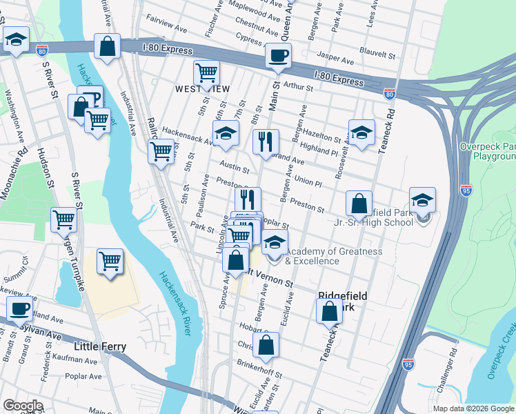 map of restaurants, bars, coffee shops, grocery stores, and more near 77 Preston Street in Ridgefield Park