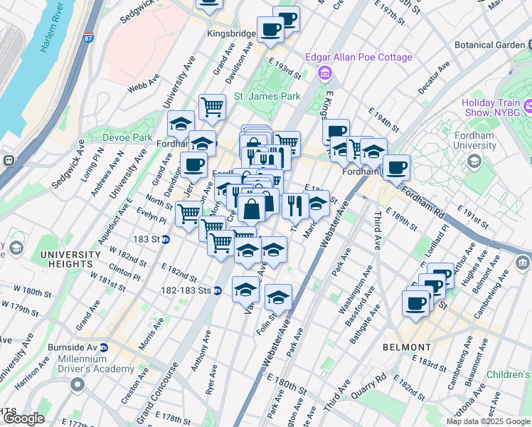 map of restaurants, bars, coffee shops, grocery stores, and more near 2376 Ryer Avenue in Bronx