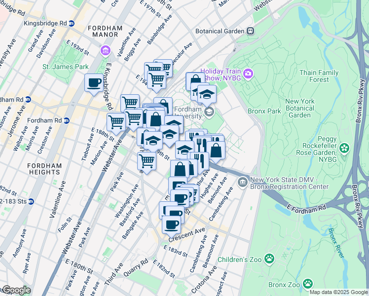 map of restaurants, bars, coffee shops, grocery stores, and more near East Fordham Road in The Bronx