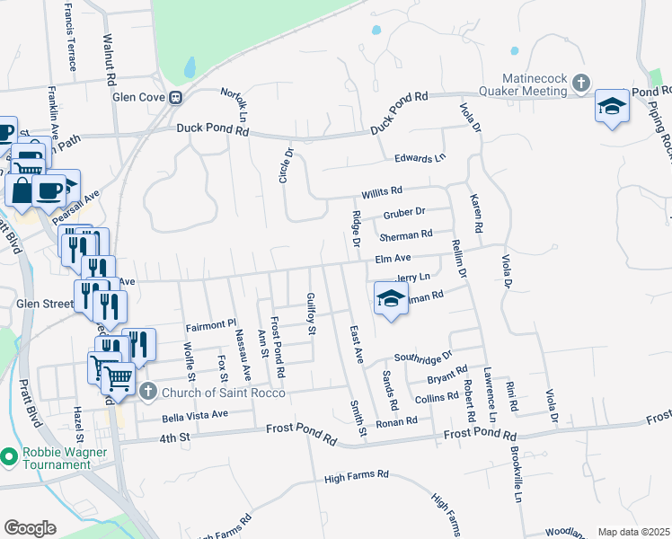 map of restaurants, bars, coffee shops, grocery stores, and more near 117 Elm Avenue in Glen Cove