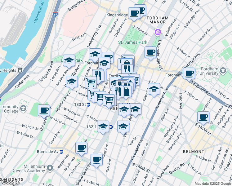 map of restaurants, bars, coffee shops, grocery stores, and more near 120 East 184th Street in Bronx