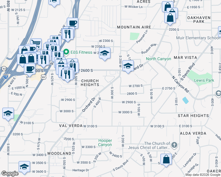 map of restaurants, bars, coffee shops, grocery stores, and more near 2762 South 300 West in Bountiful