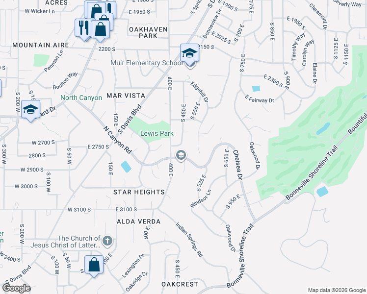 map of restaurants, bars, coffee shops, grocery stores, and more near 2718 South 450 East in Bountiful